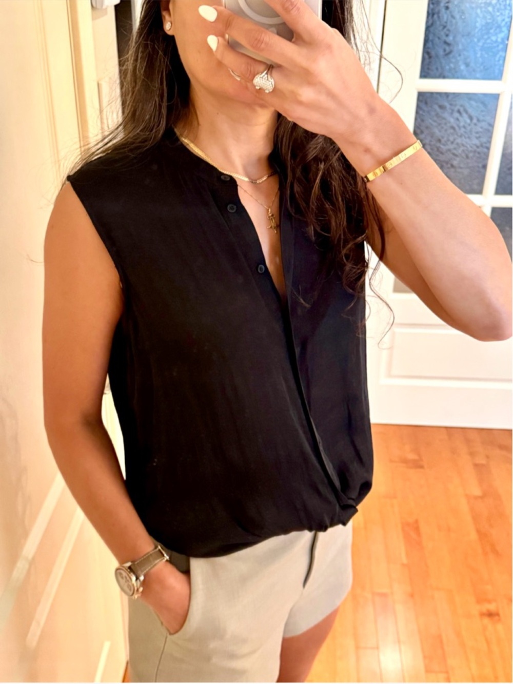 Joie Black Sleeveless Twist-Hem Button V-Neck Camisole